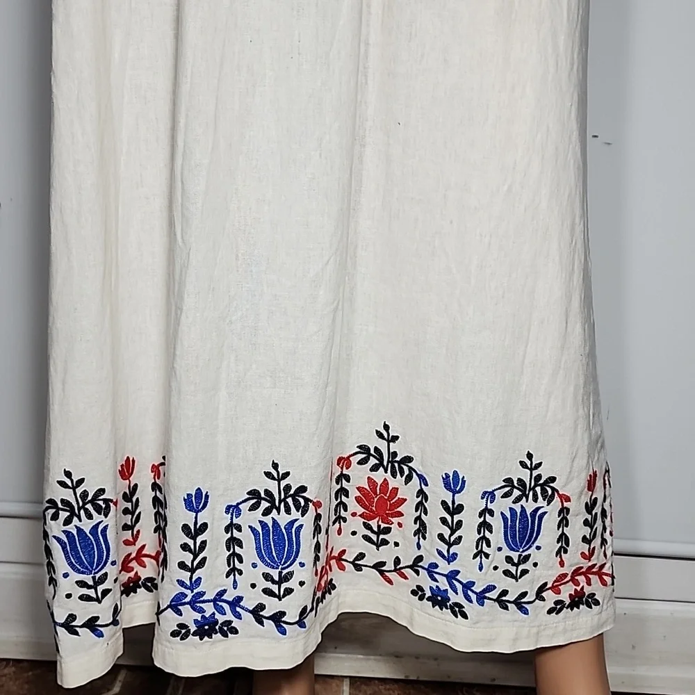 J.Crew Linen‎ Blend Floral Embroidered Ivory Maxi Dress Size M Medium